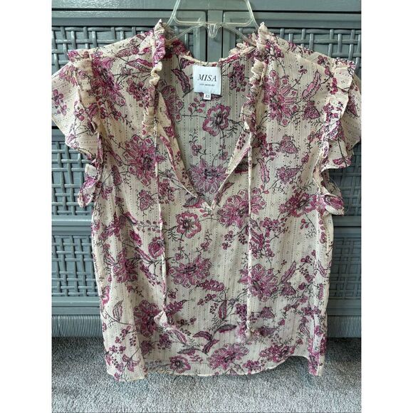 NWOT MISA Basia Siena Pink Paisley Floral Chiffon Flutter Sleeve Top, XS $210 B1 - Picture 2 of 10